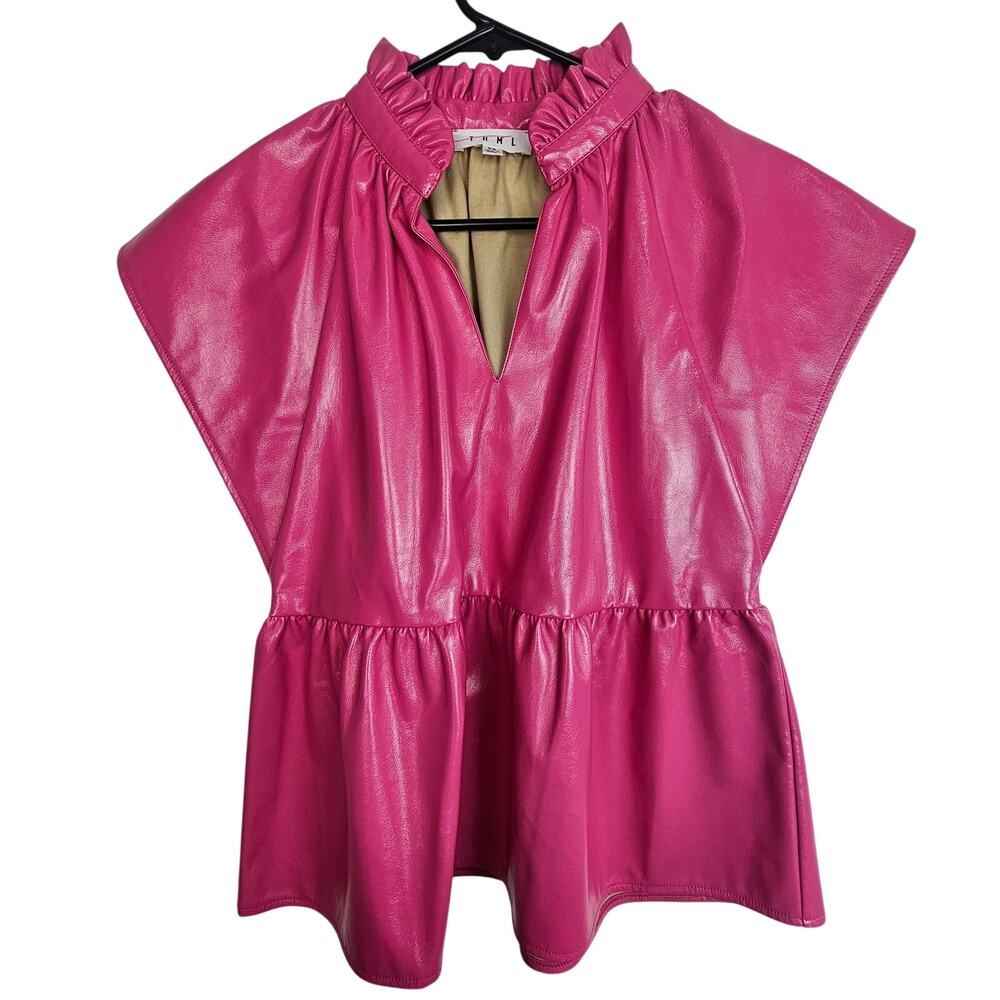 THML Anthropologie Womens Faux Leather Shiny Peplum Top Size XS Ruffle Neck Pink